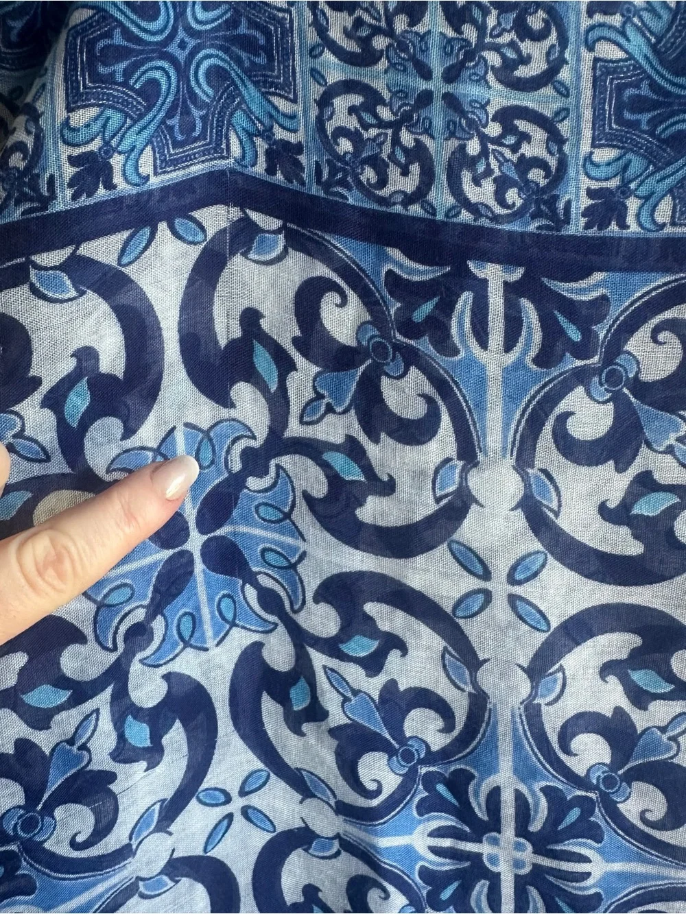 Blue Tile Print Scarf Wrap Blue White Mediterranean Boho Euro Summer 104x78